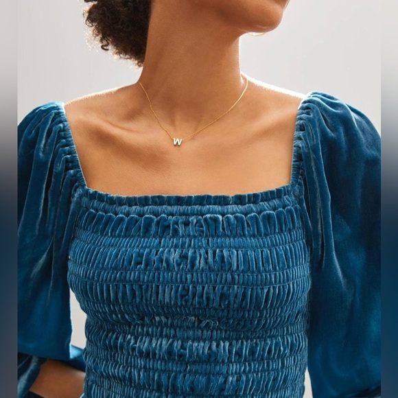 Anthropologie Tops - Anthropologie Women's Blue Velvet Smocked Puff Sleeve Blouse Cropped Fairy XS